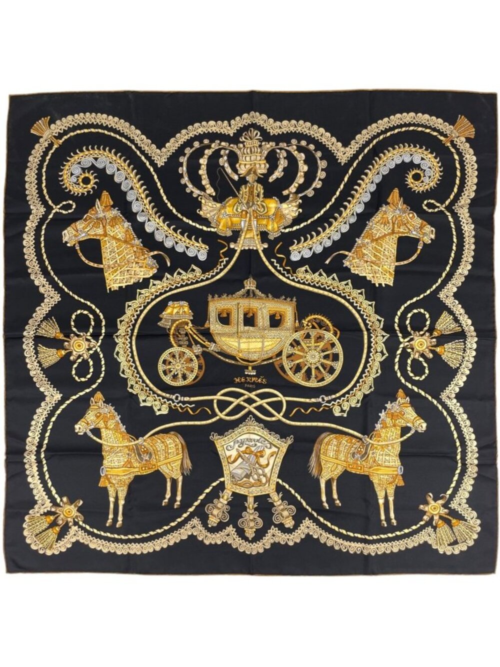 Hermes Carre 90 Paperoles Scarf Paproles Carriages and Nobility Silk Black